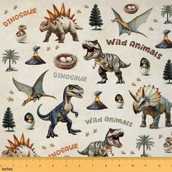 Homewish Kawaii Dinosaur Print Fabric by the Yard 2 Yards for Kids, Coconut Palm Plant Sewing Fabric, Cartoon Animal Fabric for Sewing, Microfiber Bedroom Decor