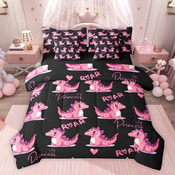 Homewish Kawaii Dinosaur Twin Bedding Sets 7-Piece for Kids Children,Dreamy Princess Bedding Comforter Set Microfiber,Cartoon Pink Dino Breathable Sheet Sets,Ultra Soft Home Decor,Reversible