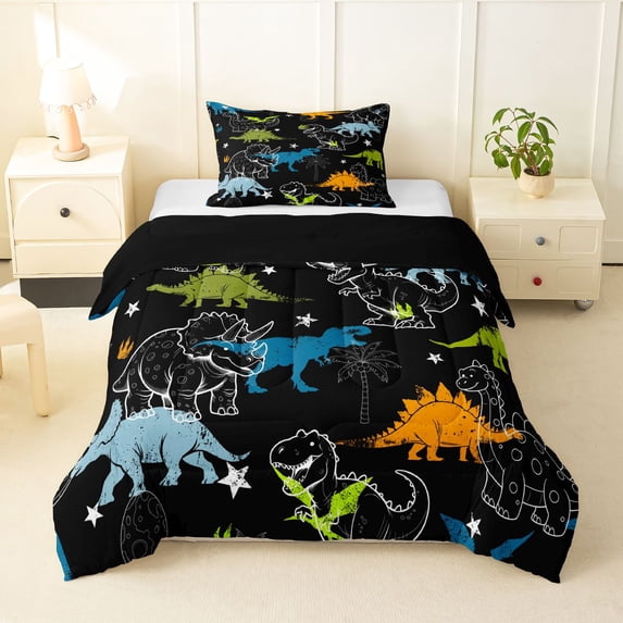 Homewish Kawaii Dinosaur Twin Comforter Sets,Cartoon Animal Bedding Set,Black,Black Reversible,2 Pieces,1 Comforter and 1 Pillowcase