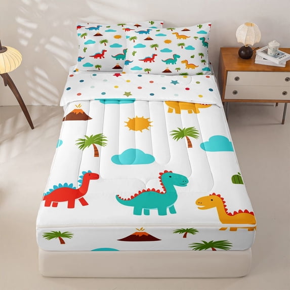 Homewish Kawaii Dinosaur Zipper Twin Comforter Sets with Fitted Sheet and 2 Pillowcases,Cute Wildlife Zipper Bedding Set,White,Polkadot Reversible,4pcs