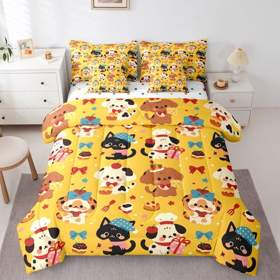 Homewish Kawaii Dog Cat 7 Pieces Full Size Bedding Sets,Cute Animal Theme Full Size Bed in a Bag,Yellow,Cherry Cake Bow Decor,Polkadot Reversible