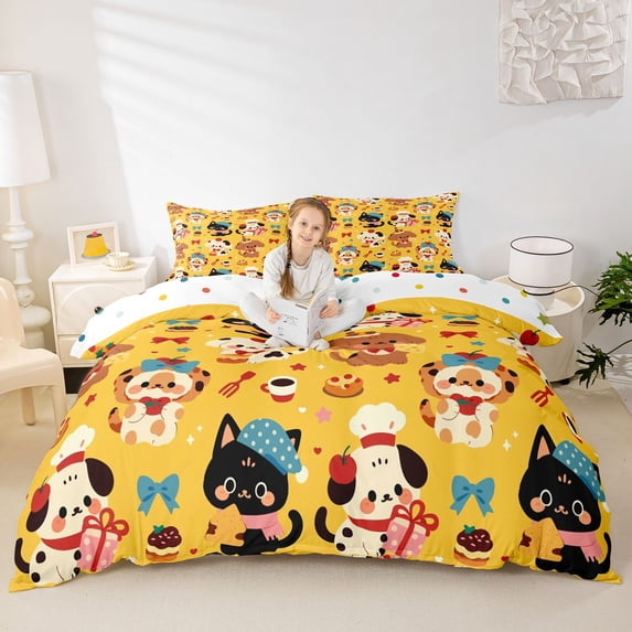 Homewish Kawaii Dog Cat Bedding,Cute Animal Theme Duvet Cover Full,Yellow,Cherry Cake Bow Decor,Polkadot Reversible,3-Piece,1 Duvet Cover and 2 Pillowcases