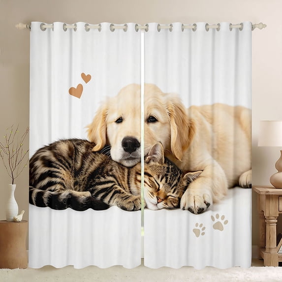 Homewish Kawaii Dog Cat Kitchen Curtains,Pet Love Theme Black Out Curtains Pack of 2 (42x63 Each),White