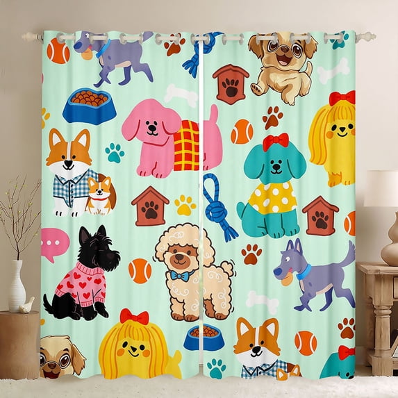 Homewish Kawaii Dog Kitchen Curtains,Cute Corgi Pug Black Out Curtains Pack of 2 (42x63 Each),Green