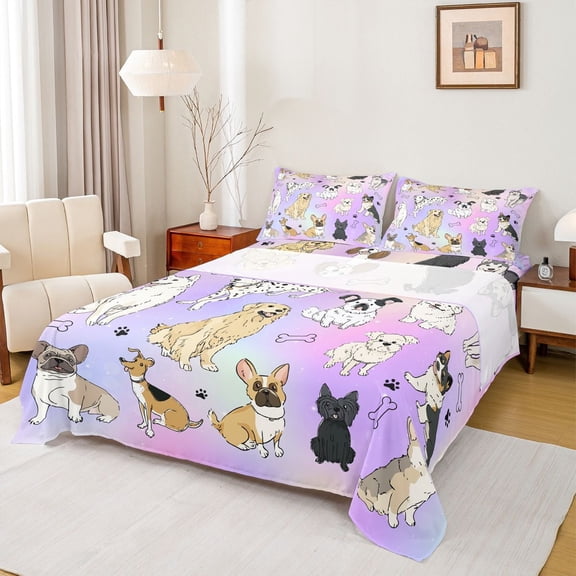 Homewish Kawaii Dog Lover Full Size Sheets for Kids, Cute Cartoon Dalmatian Bed Sheets, Funny Pug Animal Sheet Sets, Ultra Soft Bedroom Decor, 4-Piece