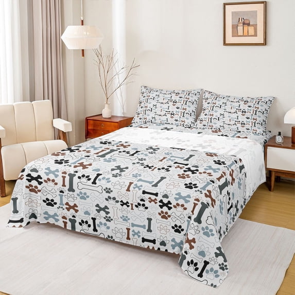 Homewish Kawaii Dog Paw Bone Queen Sheets,Gray Queen Sheet Sets,4 Pieces,1 Flat Sheet, 1 Fitted Sheet and 2 Pillowcases