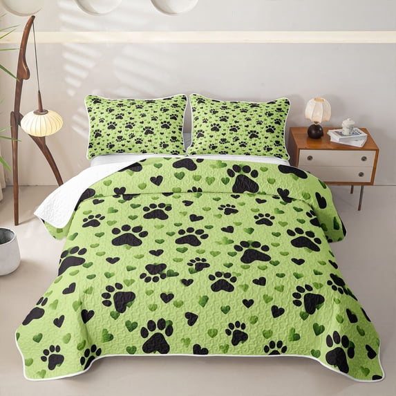 Homewish Kawaii Dog Paw Quilt Full,Cartoon Pet Full Bedspread Sets,Green,Heart Decor,3pcs