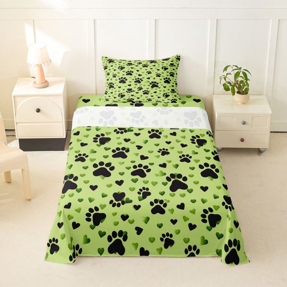 Homewish Kawaii Dog Paw Twin Sheets,Cartoon Pet Bedding,Green,Heart Decor,3-Piece,1 Fitted Sheet and 1 Pillowcase