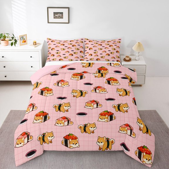 Homewish Kawaii Dog Sushi Queen Comforter Set,Pet Animal Comforter Sets Queen,Pink,Sushi Roll Decor,Pink Reversible,3pcs,1 Comforter and 2 Pillowcases