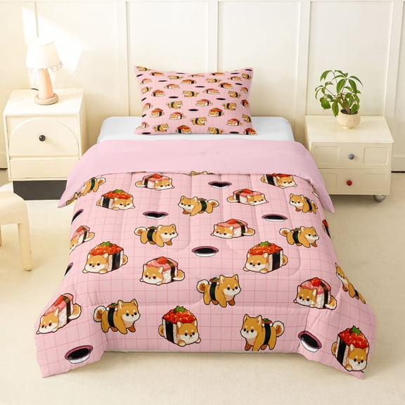 Homewish Kawaii Dog Sushi Twin Comforter Sets,Pet Animal Bedding Set,Pink,Sushi Roll Decor,Pink Reversible,2-Piece,1 Comforter and 1 Pillowcase