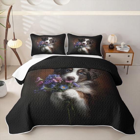 Homewish Kawaii Dog Twin Quilt Set,Purple Daisy Floral Twin Coverlet Set,Pet Lover Decor,2-Piece