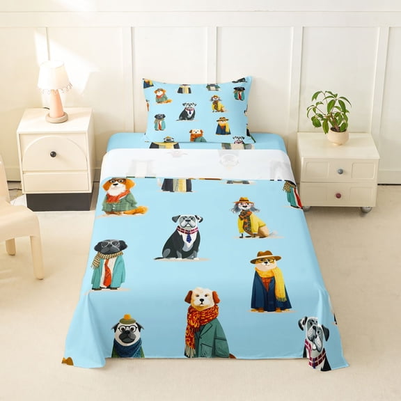 Homewish Kawaii Dog Twin Sheets,Vintage Animal Bedding,Blue,3pcs,1 Fitted Sheet and 1 Pillowcase