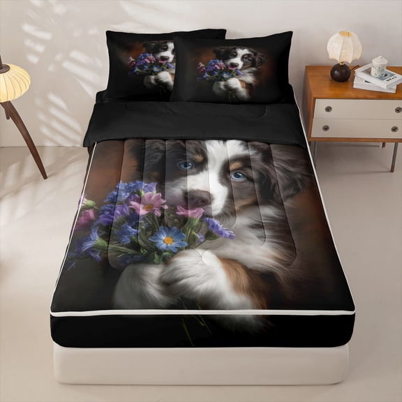 Homewish Kawaii Dog Zipper Queen Comforter Set with Fitted Sheet and 2 Pillowcases,Purple Daisy Floral Zipper Bedding Set,Pet Lover Decor,Black Reversible,4pcs