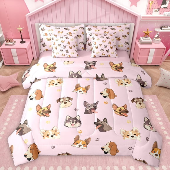 Homewish Kawaii Dogs 7-Piece Bedding Comforter Set,Cute Dog Paws King Bedding Sets,Pink Brown Bed Sheets For Teens,Luxury Bedroom Decor Reversible