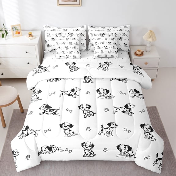 Homewish Kawaii Dogs 7-Piece Bedding Comforter Set for Kids Children,Black White King Bedding Sets,Cartoon Animal Ultra Soft Bed Sheets,Luxury Bedroom Decor,Reversible