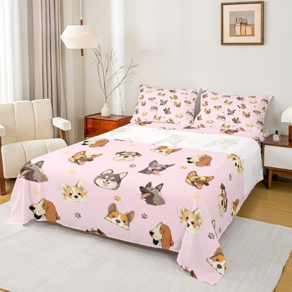 Homewish Kawaii Dogs Bed Sheets,Cute Dog Paws King Sheets,Pink Brown Sheet Set For Teens,Luxury Bedroom Decor,4 Pieces