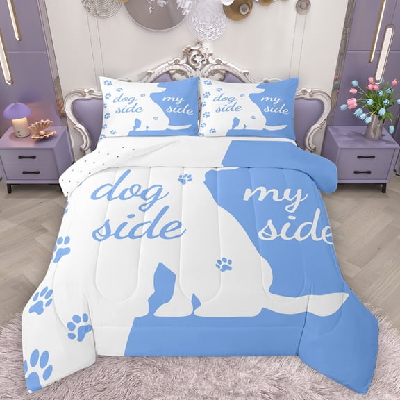 Homewish Kawaii Dogs Paws Queen Comforter Set,Pet Animal Bedding Sets,White Blue Bedding Comforter Set For Girls Boy,Breathable Home Decor Reversible,3-Piece