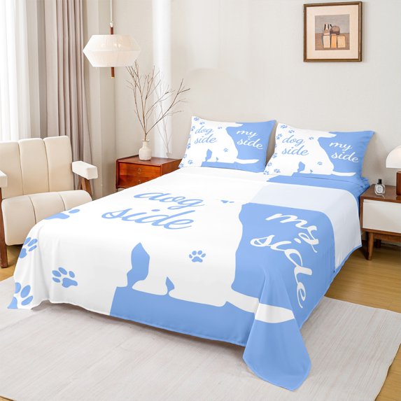 Homewish Kawaii Dogs Paws Twin Sheet Sets,Pet Animal Twin Fitted Sheet,White Blue Flat Sheet For Girls Boy,Breathable Home Decor,3 Pieces