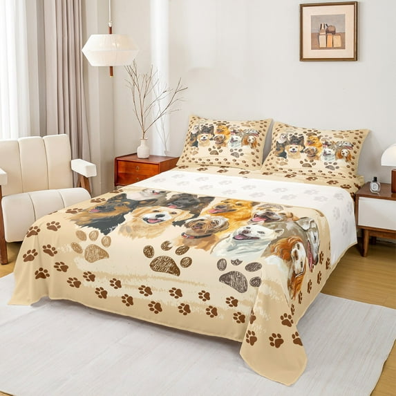Homewish Kawaii Dogs Twin Sheet Sets,Graffiti Dog Paws Twin Fitted Sheet,Pet Lovers Flat Sheet For Teens,Luxury Bedroom Decor,3-Piece