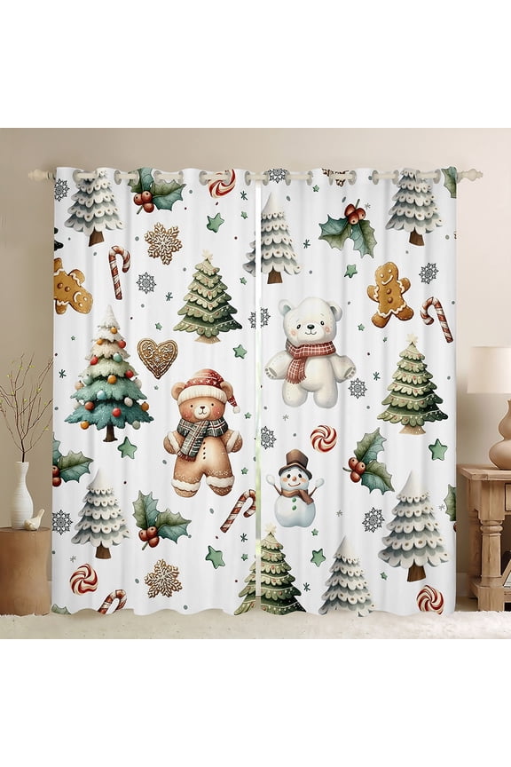 Kawaii Doll Bear Blackout Curtains Set of 2 (52x84 Each) for Teens, Cute Christmas Snowman Window Curtains, Green Xmas Tree Curtains and Drapes, Black Out Curtains Decor