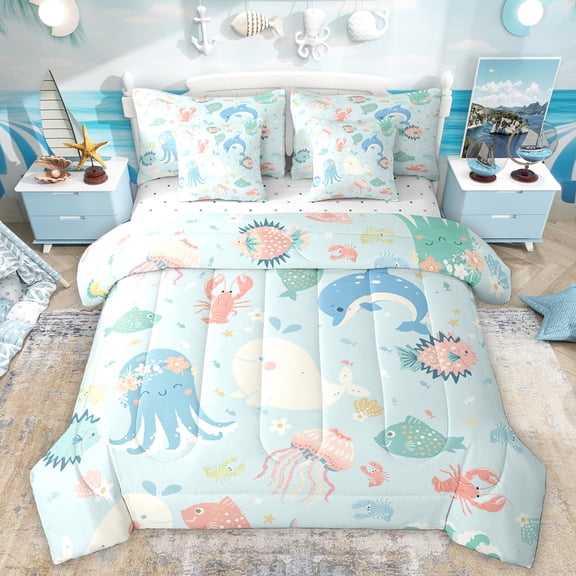 Homewish Kawaii Dolphin Octopus Bedding Comforter Set 7pcs for Kids, Cute Ocean Whale Fish Queen Bedding Sets, Cartoon Sealife Reversible Queen Sheet Sets, Lightweight Room Decor