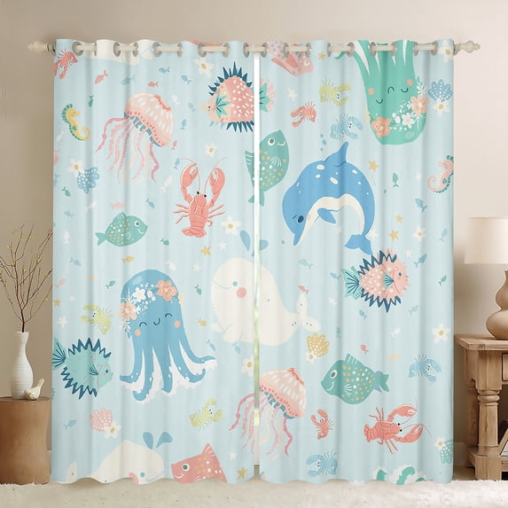 Homewish Kawaii Dolphin Octopus Black Out Curtains for Kids, Cute Ocean Whale Fish Curtains Pack of 2 (42x63 Each), Cartoon Sealife Bedroom Curtains, Black Out Curtains Room Decor
