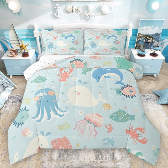 Homewish Kawaii Dolphin Octopus Queen Comforter Set for Kids, Cute Ocean Whale Fish Bedding Sets, Cartoon Sealife Reversible Bedding Comforter Set, Lightweight Room Decor, 3pcs