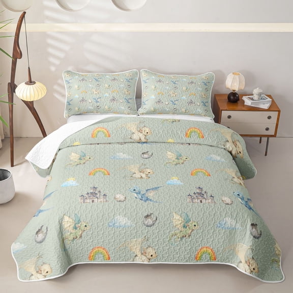 Homewish Kawaii Dragon Bed Spread Queen,Magical Animal Queen Coverlet Set,Rainbow Decor,3pcs