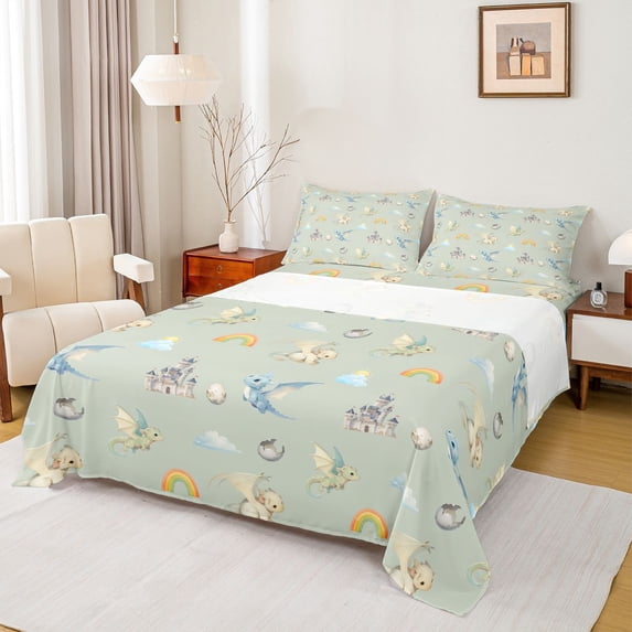 Homewish Kawaii Dragon Queen Sheets,Magical Animal Queen Sheet Sets,Rainbow Decor,4-Piece,1 Flat Sheet, 1 Fitted Sheet and 2 Pillowcases