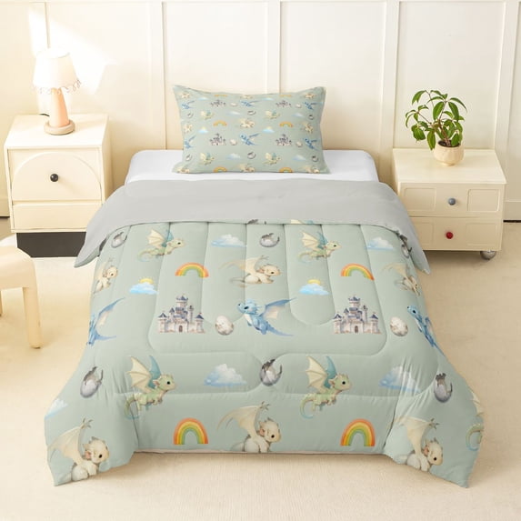 Homewish Kawaii Dragon Twin Comforter Sets,Magical Animal Bedding Set,Rainbow Decor,Light Gray Reversible,2 Pieces,1 Comforter and 1 Pillowcase