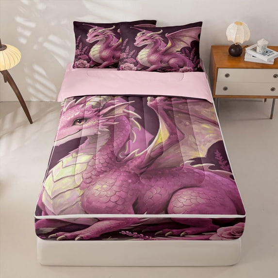Homewish Kawaii Dragon Zipper Full Size Comforter Sets with Fitted Sheet and 2 Pillowcases,Lavender Rose Floral Zipper Bedding Set,Pink,Pink Reversible,4pcs