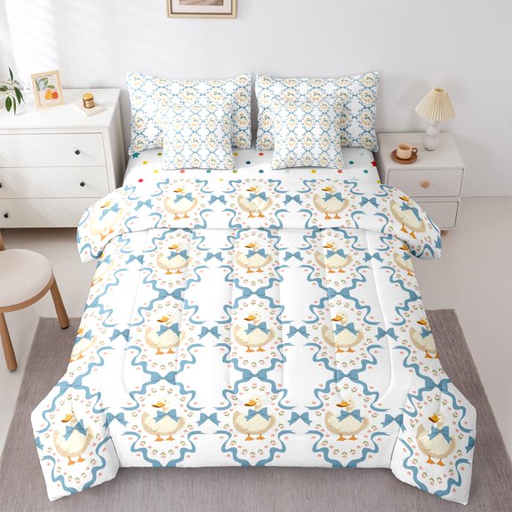 Homewish Kawaii Duck Goose Animal Bedding Comforter Set 7-Piece, Cartoon Bow-tie King Bedding Sets, Cute Flower Floral Reversible Bed Sheets, Ultra Soft Bedroom Decor