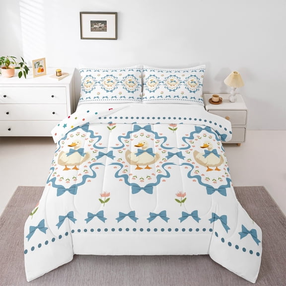 Homewish Kawaii Duck Goose Animal Bedding Comforter Set, Cartoon Bow-tie Twin Comforter Sets, Cute Flower Floral Reversible Bedding Set, Lightweight Room Decor, 2 Pieces