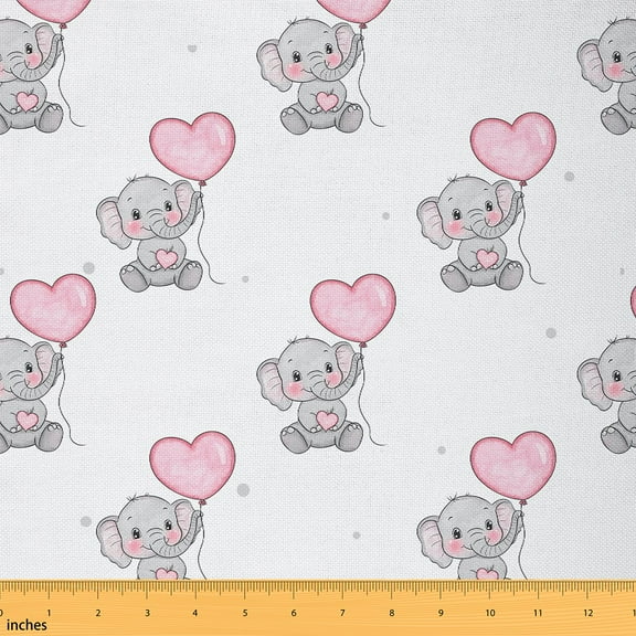 Homewish Kawaii Elephant Fabric by the Yard 1 Yard,Cute Zoo Animal Home Decor Fabric by the Yard,Pink Love Balloon Sewing Fabric For Girls Boys Kids,Super Cozy Room Decor