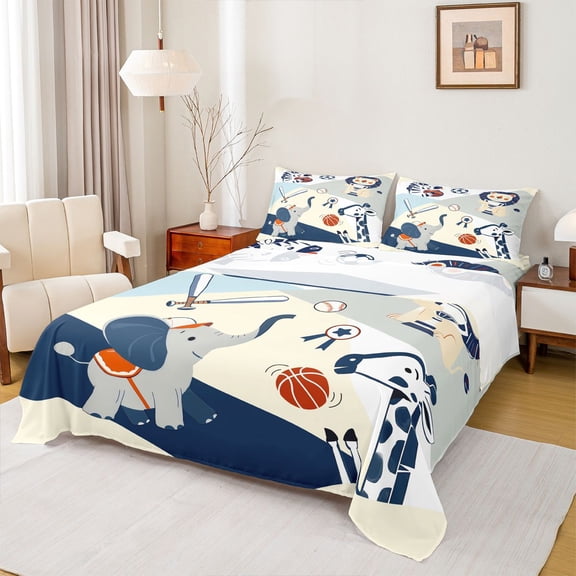 Homewish Kawaii Elephant Giraffe Bed Sheets, Baseball Football Sports King Sheets, Cartoon Animal Athletic Meeting Sheet Set, Luxury Bedroom Decor, 4 Pieces