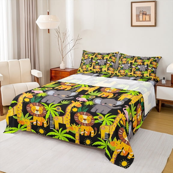 Homewish Kawaii Elephant Lion Bed Sheets,Zoo Animal King Sheets,Green Black Orange Sheet Set For Boys Girl,Microfiber Bedroom Decor,4 Pieces