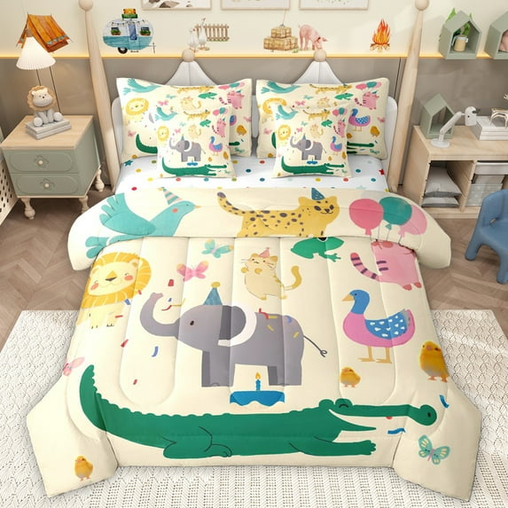 Homewish Kawaii Elephant Lion Bedding Comforter Set 7 Pieces, Cute Zoo Animal Full Bedding Set, Cartoon Crocodile Lover Reversible Fitted Sheet Flat Sheet, Super Cozy Room Decor