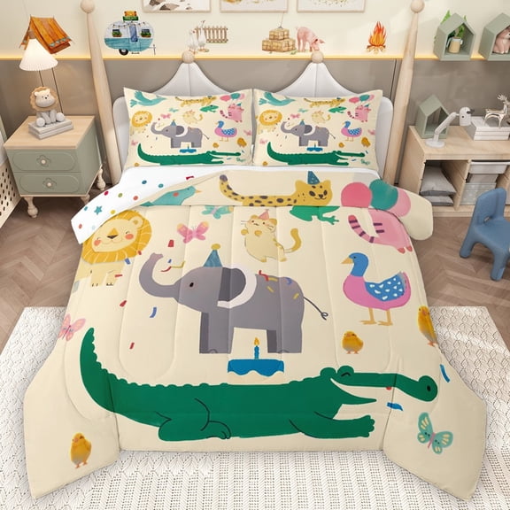 Homewish Kawaii Elephant Lion Queen Comforter Set, Cute Zoo Animal Bedding Sets, Cartoon Crocodile Lover Reversible Bedding Comforter Set, Super Cozy Room Decor, 3-Piece
