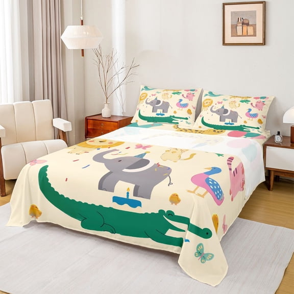 Homewish Kawaii Elephant Lion Twin Sheet Sets, Cute Zoo Animal Twin Fitted Sheet, Cartoon Crocodile Lover Flat Sheet, Super Cozy Room Decor, 3-Piece