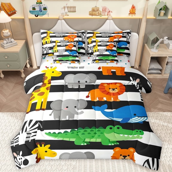 Homewish Kawaii Elephant Lions 7 Pieces Bedding Comforter Set,Zoo Animal Griaffe Zebra Full Bedding Set,White Black Striped Fitted Sheet Flat Sheet For Boys Girls,Microfiber Bedroom Decor Reversible