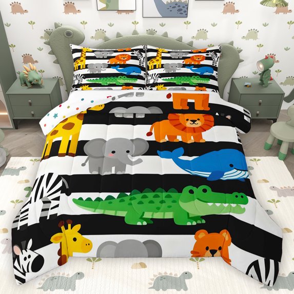 Homewish Kawaii Elephant Lions Queen Comforter Set,Zoo Animal Griaffe Zebra Bedding Sets,White Black Striped Bedding Comforter Set For Boys Girls,Microfiber Bedroom Decor Reversible,3-Piece
