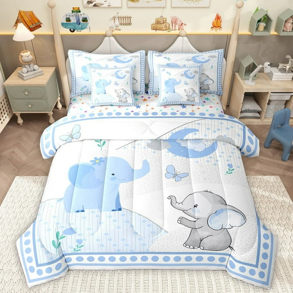 Homewish Kawaii Elephants 7pcs Bedding Comforter Set For Preppy Children,Jungle Animal Queen Bedding Sets Super Cozy,Cartoon Wildlife Queen Sheet Sets,Super Cozy Room Decor,Reversible