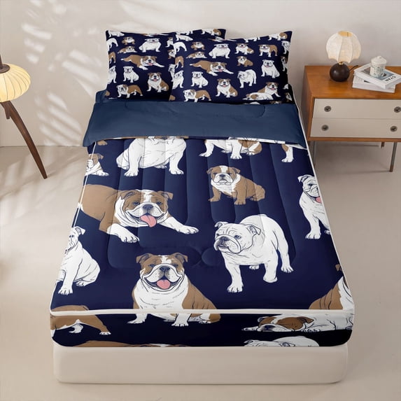 Homewish Kawaii English Bulldog Zipper Queen Comforter Set with Fitted Sheet and 2 Pillowcases,Cartoon Pet Theme Zipper Bedding Set,Navy,Navy Blue Reversible,4pcs