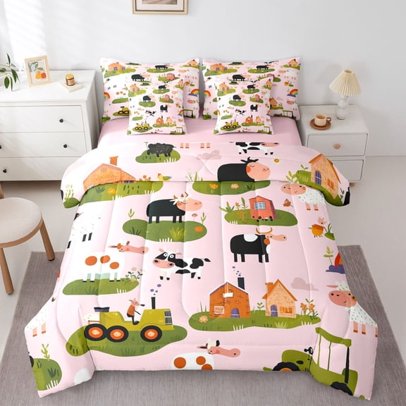 Homewish Kawaii Farm Animal Bedding Comforter Set 7pcs for Girl, Cartoon Rustic Farmhouse King Bedding Sets, Cow Sheep Reversible Bed Sheets, Breathable Home Decor