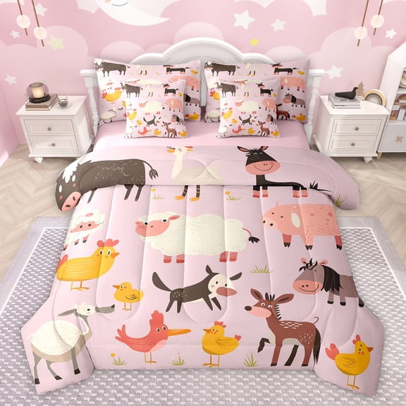 Homewish Kawaii Farm Animal Bedding Comforter Set 7pcs, Rustic Sheep Donkey Queen Bedding Sets, Teens Kids Boys Girls Reversible Queen Sheet Sets, Microfiber Bedroom Decor