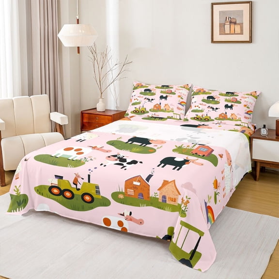 Homewish Kawaii Farm Animal Twin Sheet Sets for Girl, Cartoon Rustic Farmhouse Twin Fitted Sheet, Cow Sheep Flat Sheet, Breathable Home Decor, 3 Pieces