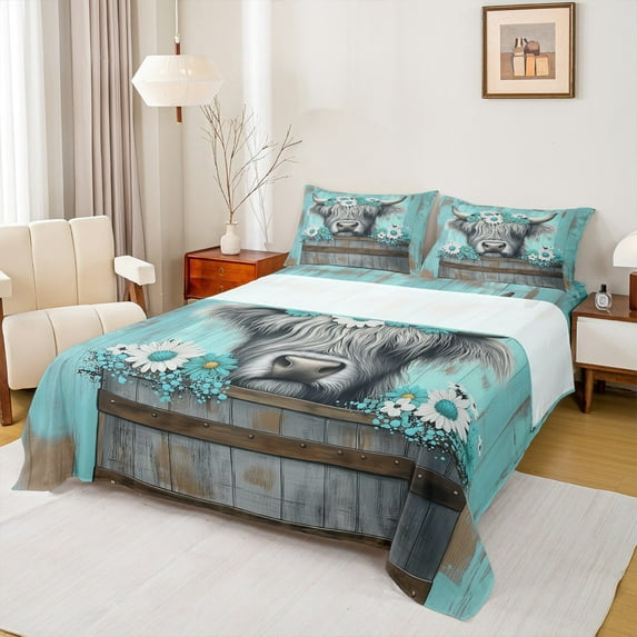 Homewish Kawaii Farmhouse Cow Queen Sheet Sets, Cyan Western Flower Flat Sheet, Countryside Animal Queen Fitted Sheet, Breathable Home Decor, 4-Piece