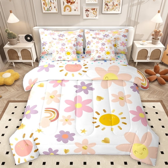 Homewish Kawaii Floral 7-Piece Twin Bedding Sets For Preppy Kids Children Teens,Pink Purple Bedding Comforter Set,Chic Flowers Breathable Sheet Sets,Ultra Soft Home Decor,Reversible