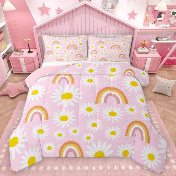 Homewish Kawaii Floral Daisy 2pcs Bedding Comforter Set For Preppy Children Kids,Cartoon Gradient Rainbow Twin Comforter Sets,Dreamy Princess Breathable Bedding Set,Ultra Soft Home Decor,Reversible