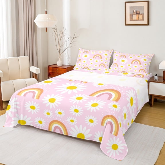 Homewish Kawaii Floral Daisy 3pcs Twin Sheet Sets For Preppy Children Kids,Cartoon Gradient Rainbow Twin Fitted Sheet,Dreamy Princess Breathable Flat Sheet,Ultra Soft Home Decor